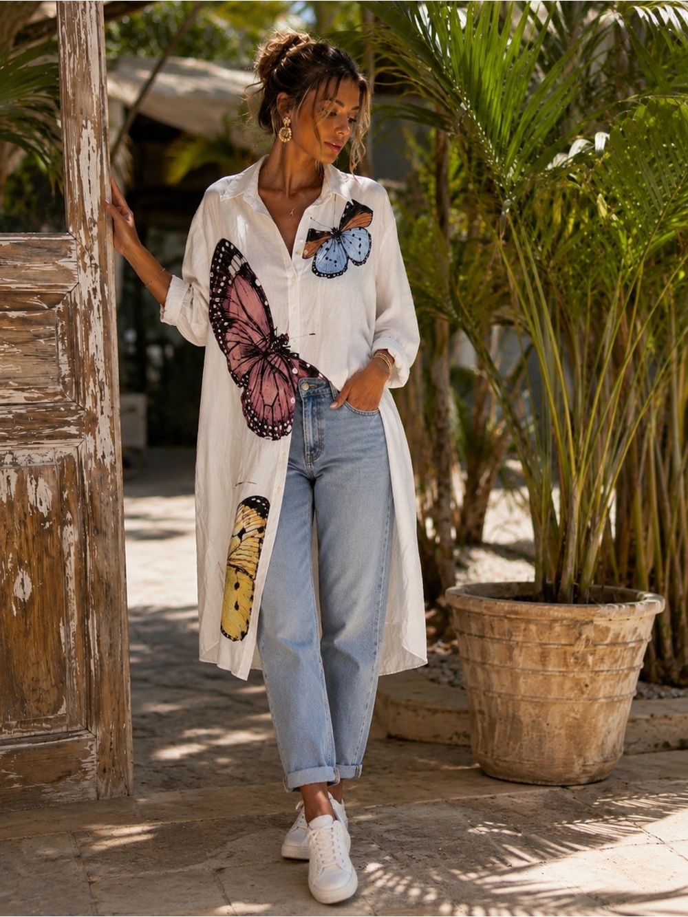 Maeve White Butterfly-Print Long Swim Coverup Shirt - Picture 1 of 6